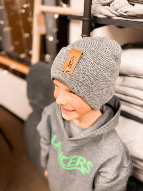Foldover Leather Name Patch Beanie
