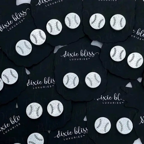Baseball Stud Earrings in Silver Glitter
