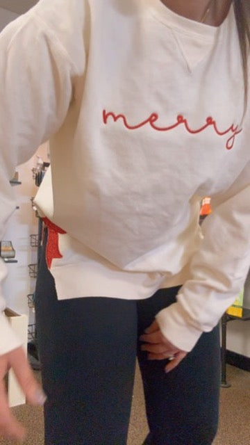Merry Side Bow Slit Embroidered Crewneck