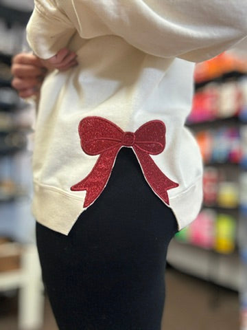 Merry Side Bow Slit Embroidered Crewneck