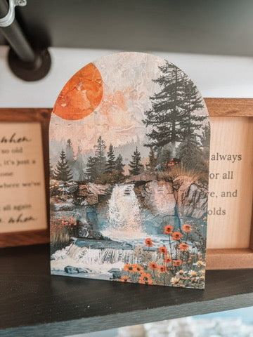 Waterfall Moon Arched Wood Sign Shelf Sitter