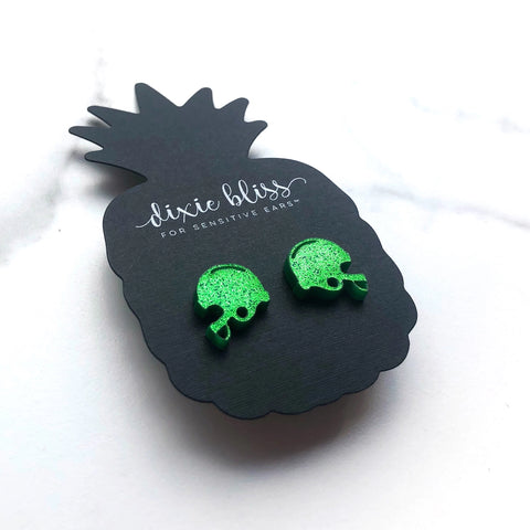 Football Helmet Earrings (green glitter)