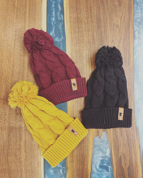 State Leather Patch Twist Knit Pom Beanies