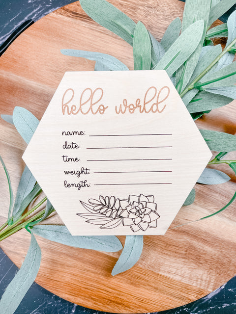Hexagon Floral Hello World Baby Birth Stats Tile