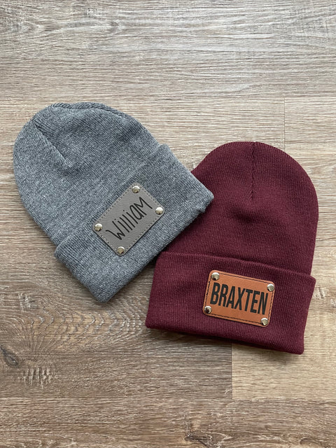 Custom Name Leather Patch Beanie