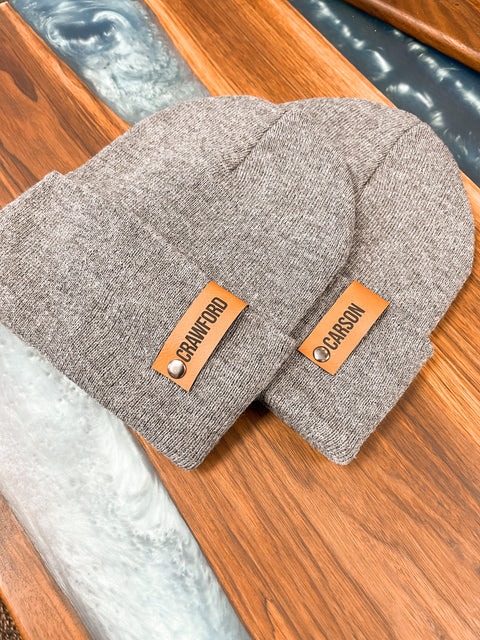 Custom Name Fold Over Leather Patch Beanie