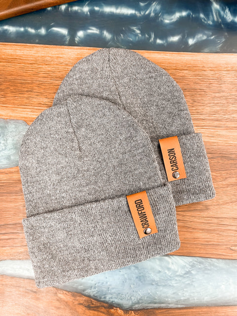 Custom Name Fold Over Leather Patch Beanie