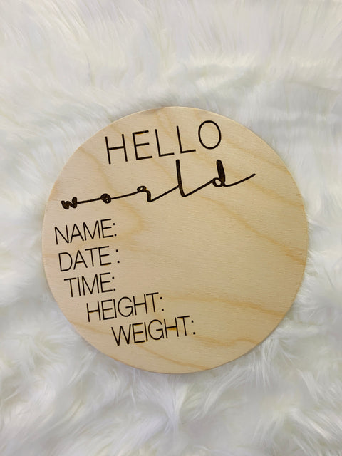 Hello World | Engraved Wood Baby Announcement