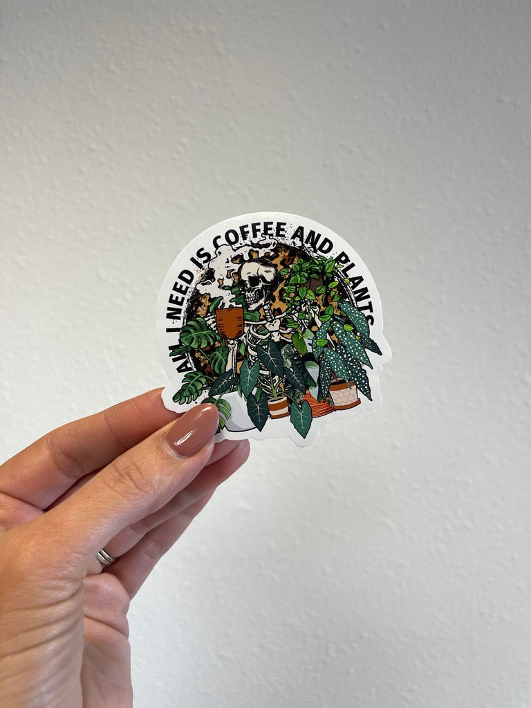 All I Need Is Coffee and Plants Skeleton Sticker