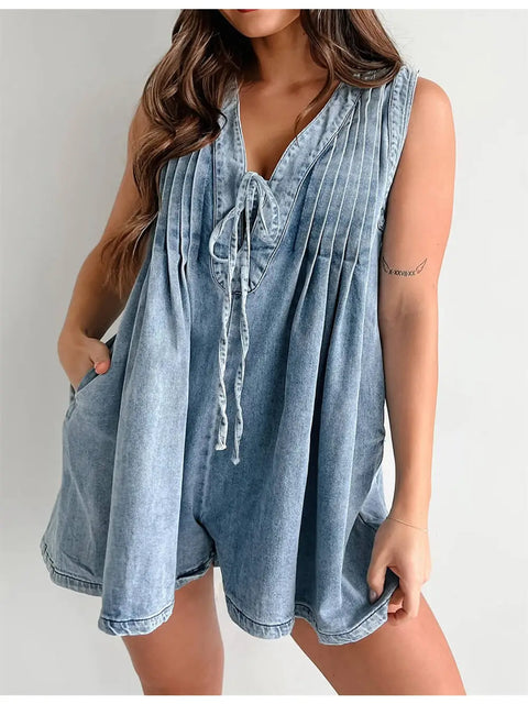 Tie Front Sleeveless Denim Romper