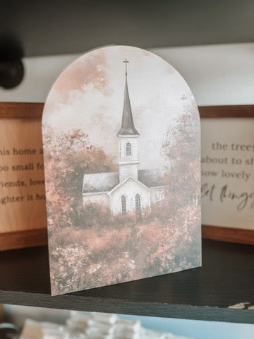 Abandoned Church Arched Wood Sign Shelf Sitter