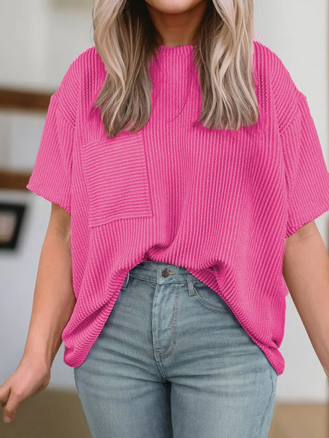 Pink Rib Chest Pocket Loose Fit Round Neck Top