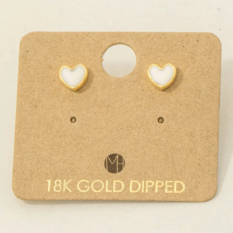 Gold Dipped Mini White Enamel Heart Stud Earrings