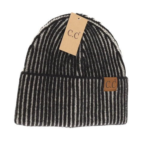 Contrasting Striped Cuff C.C Beanie - black