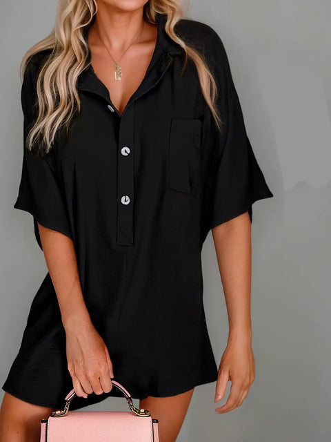 Black Half Sleeve Button Collared Loose Fit Romper