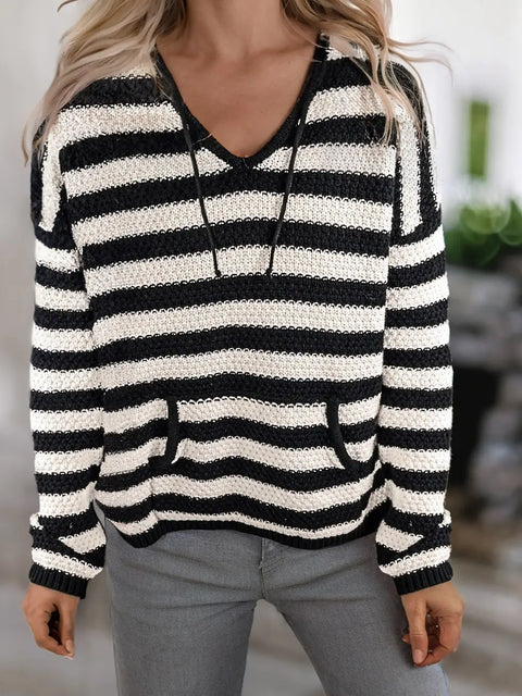 Women Striped Print Pocket Drawstring Hooded Sweater