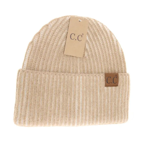 Contrasting Striped Cuff C.C Beanie - camel