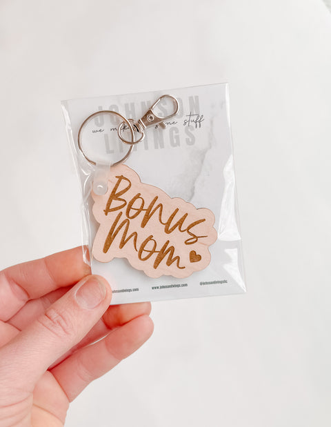 Bonus Mom Cursive Outline Keychain