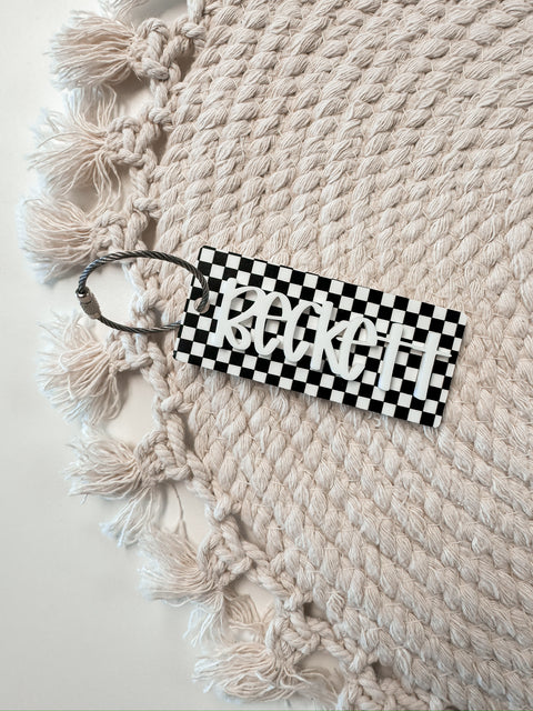 Black Checkered Acrylic Backpack Bag Tag | Lunchbox Tag | Luggage Tag