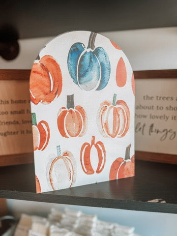 Watercolor Pumpkins Arched Wood Sign Shelf Sitter