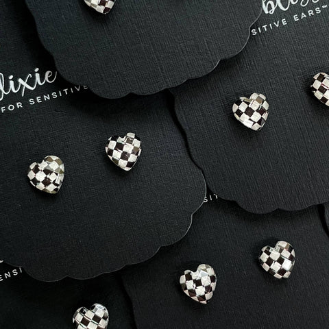 Ready, Set, Love! Checkered Hearts Stud Earrings