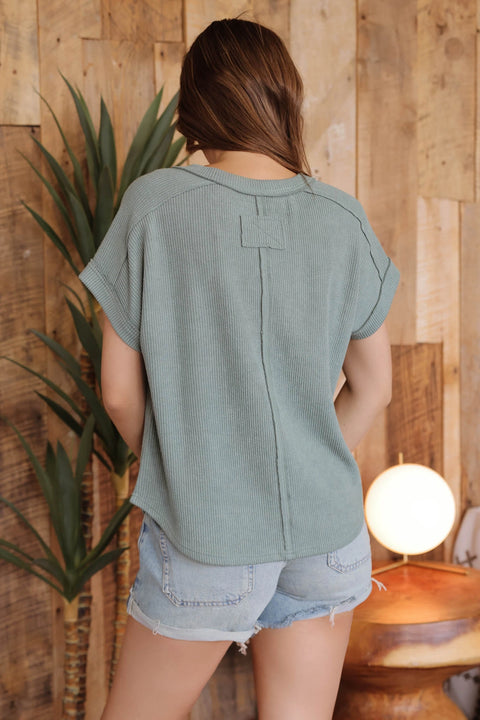 Sage Raw Edge V Neck Extended Short Sleeve Knit Top