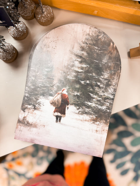 Walking Santa Woods Arched Wood Sign Shelf Sitter