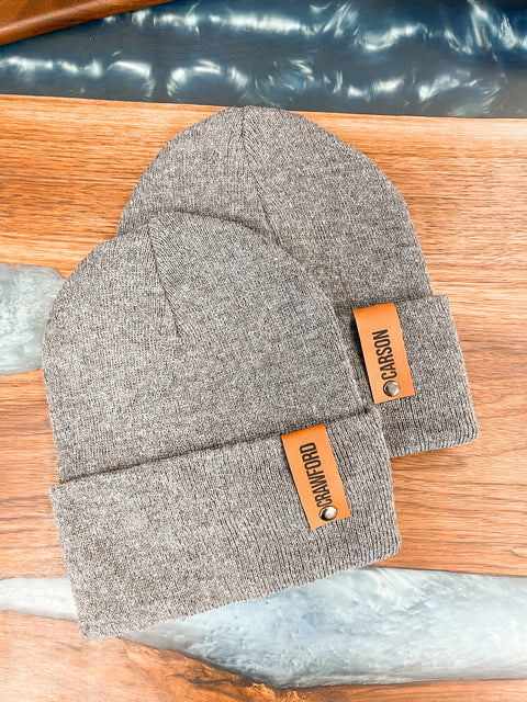 Foldover Leather Name Patch Beanie