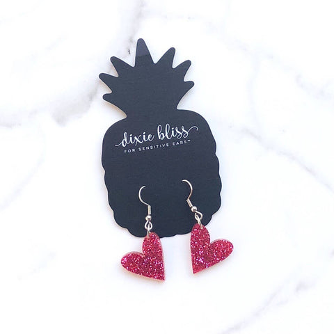 Petite Hearts in Raspberry Dangle Earrings