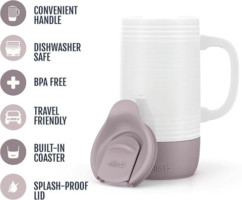 Ello Jane 18oz Ceramic Travel Mug with Handle, Splash-Resistant Slider Lid and Built-in Coaster