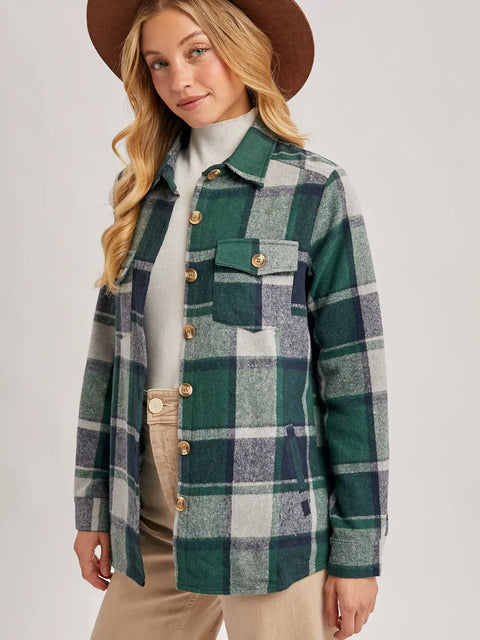 Green Flannel Plaid Shacket with Pockets