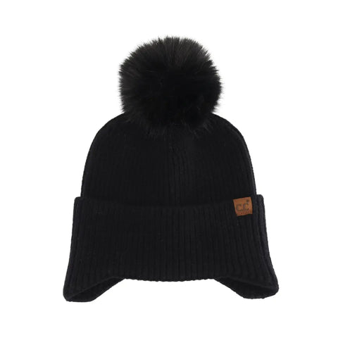 Earflap C.C Faux Fur Pom Beanie (Black)