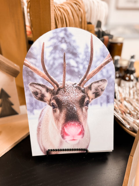 Red Nose Reindeer Close Up Arched Wood Sign Shelf Sitter