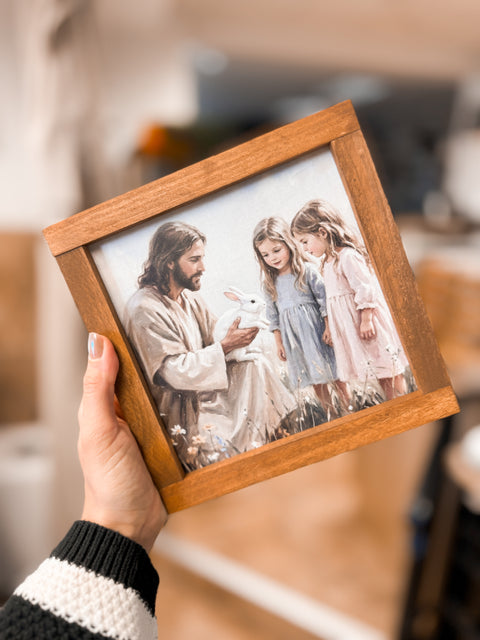 Jesus Bunny and Kids Framed Sign