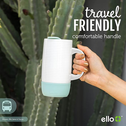 Ello Jane 18oz Ceramic Travel Mug with Handle, Splash-Resistant Slider Lid and Built-in Coaster