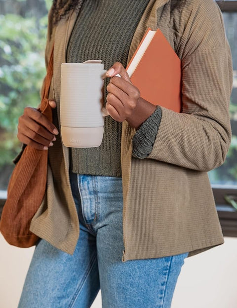 Ello Jane 18oz Ceramic Travel Mug with Handle, Splash-Resistant Slider Lid and Built-in Coaster