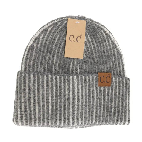 Contrasting Striped Cuff C.C Beanie - grey