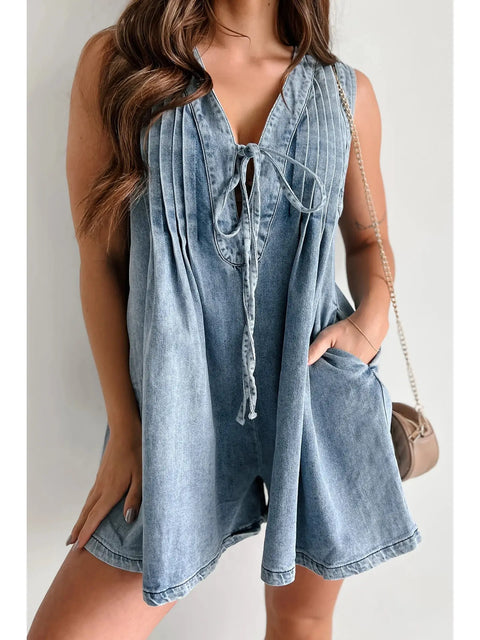 Tie Front Sleeveless Denim Romper