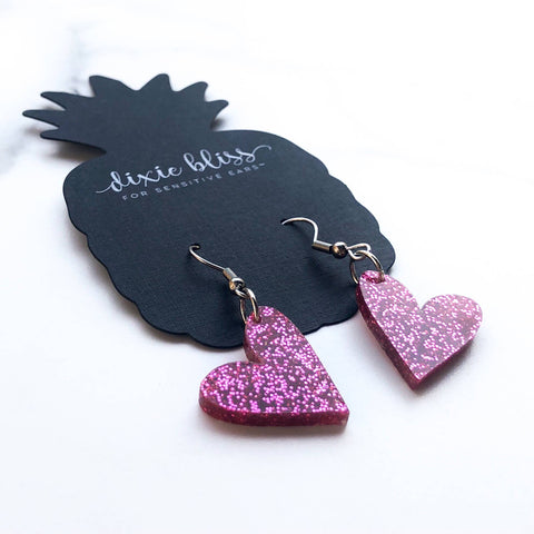 Petite Hearts in Raspberry Dangle Earrings