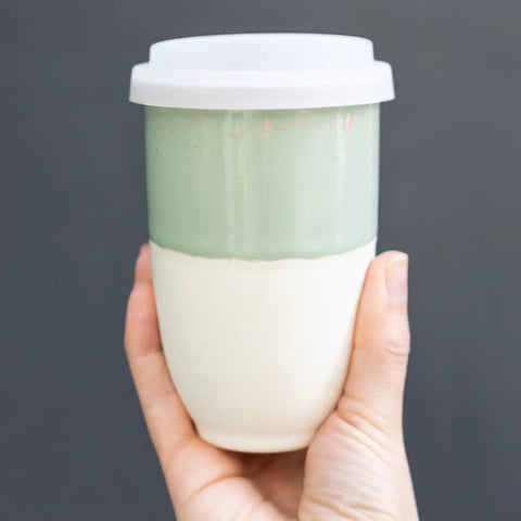 Handmade Sage Green Ceramic Travel Mug – 12oz Reusable Cup