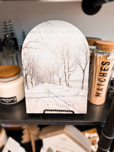 Snowy Trail Arched Wood Sign Shelf Sitter