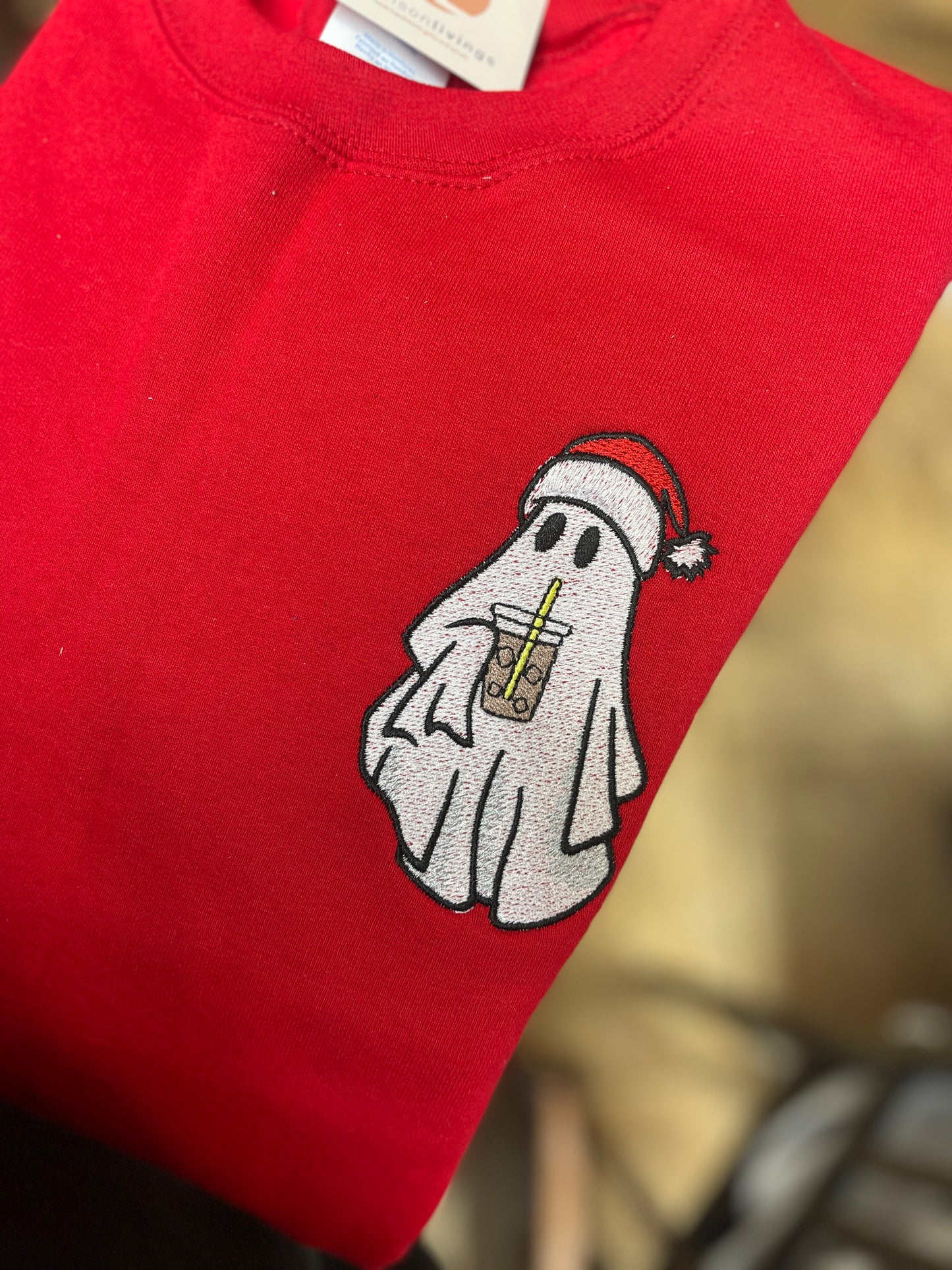 Embroidered Christmas Ghost With Coffee