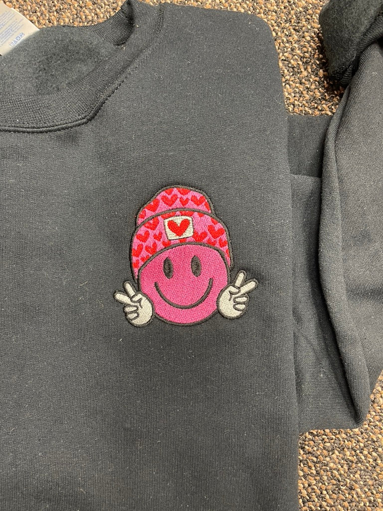 Embroidered Heart Beanie Smile Crewneck