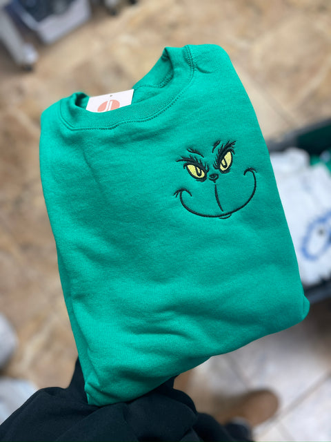 Embroidered Grinch Face Green Crewneck