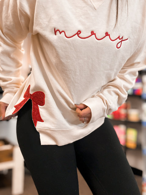 Merry Side Bow Slit Embroidered Crewneck