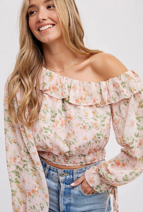 Floral Off-Shoulder Frill Blouse