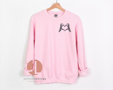 Embroidered Skelly Heart Hands Crewneck - light pink