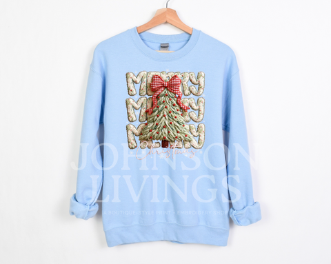 Merry Christmas Faux Hook Yarn Crochet Crewneck Bow and Tree