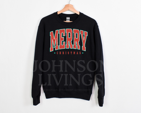 Retro Distressed Merry Christmas Crewneck - black