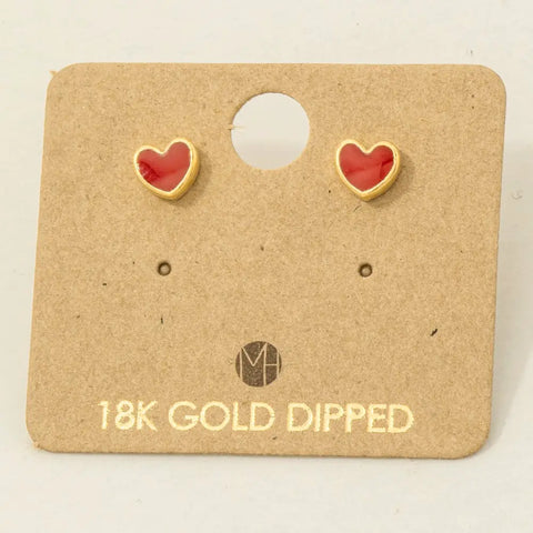 Gold Dipped Mini Red Enamel Heart Stud Earrings